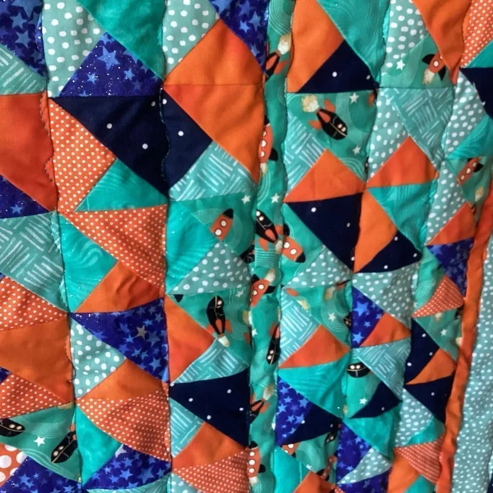 NWT. Hand Crafted To The Moon RocketshipColorful Patchwork Quilt w/ Teddy Quilt